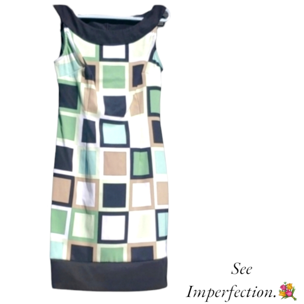 Connected Apparel Stretchy Square Block Pattern Zip Back Dress 8 Faint M…